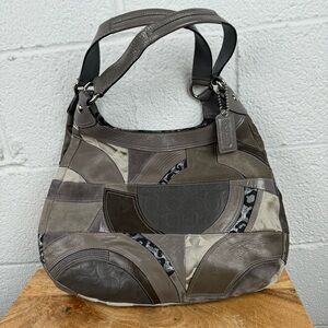 Coach Patchwork Hobo Shoulder Bag Gray Taupe Suede Leather | F15462